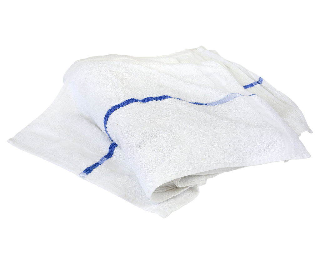 New White Terry Cotton Hand Towel with Blue Center Stripe