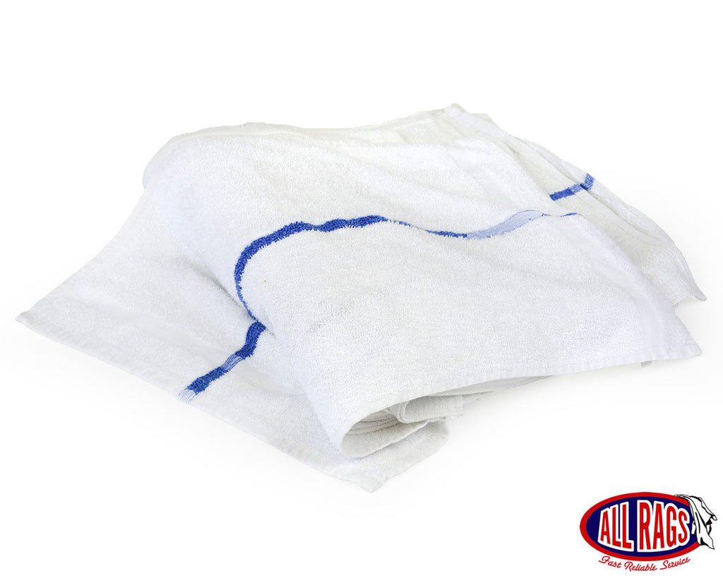 New White Terry Cotton Hand Towel with Blue Center Stripe